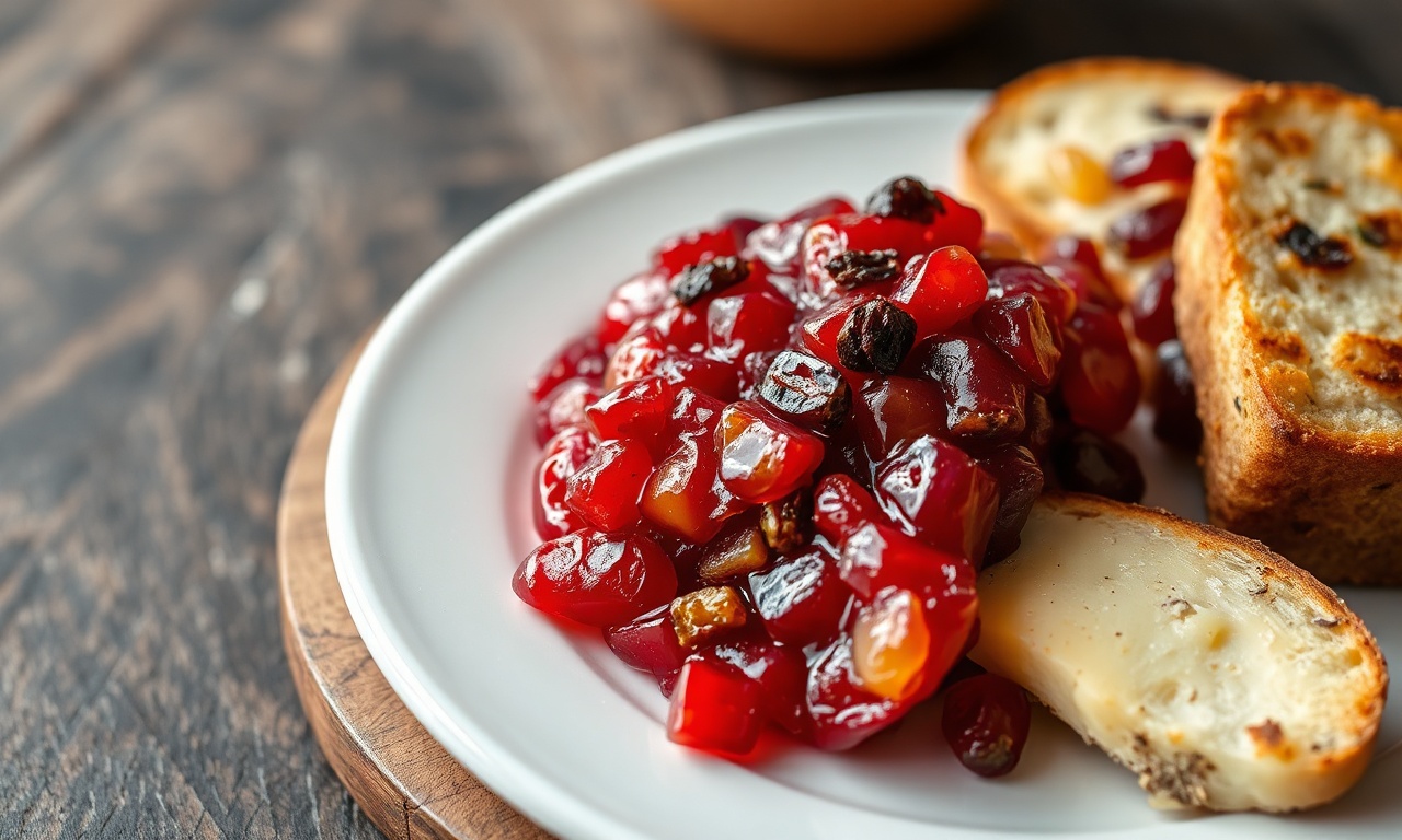 Fatia da pasta firme e rubra com pedaços de frutas secas visíveis, servida ao lado de queijo curado e torradas em tábua de madeira.