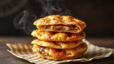 Pastéis de feira dourados, com casca estaladiça e recheio visível, prontos para servir.