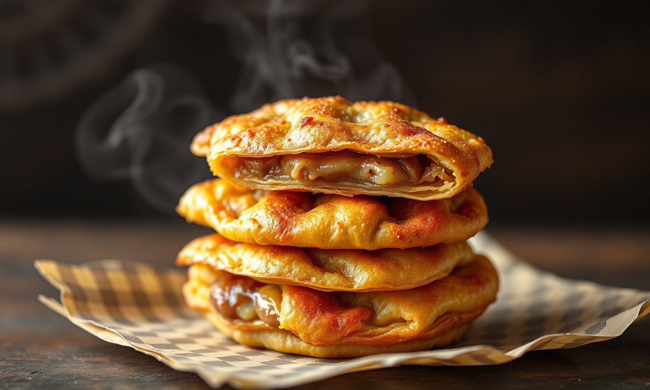 Massa De Pastel Caseira: Fácil, Crocante E Que Não Estoura 3 Pastéis de feira dourados, com casca estaladiça e recheio visível, prontos para servir.