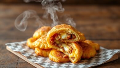 Pastéis dourados e crocantes, com recheio visível, prontos para comer.