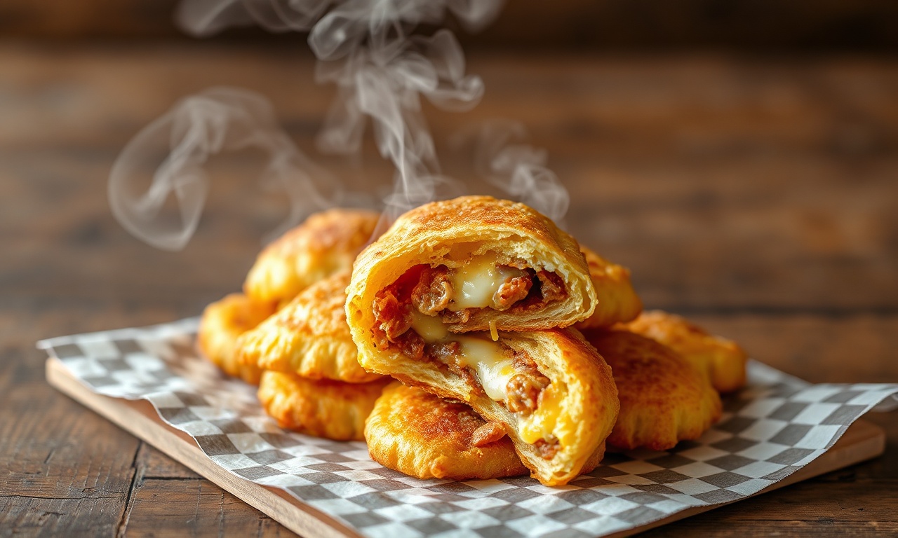 Congelar Massa De Pastel Crua: Fique Pronto Para Fritar 3 Pastéis dourados e crocantes, com recheio visível, prontos para comer.