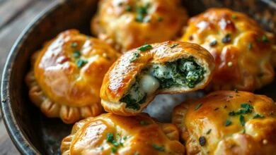 Pastéis assados dourados e crocantes, com recheio cremoso de ricota e espinafre, prontos para servir.