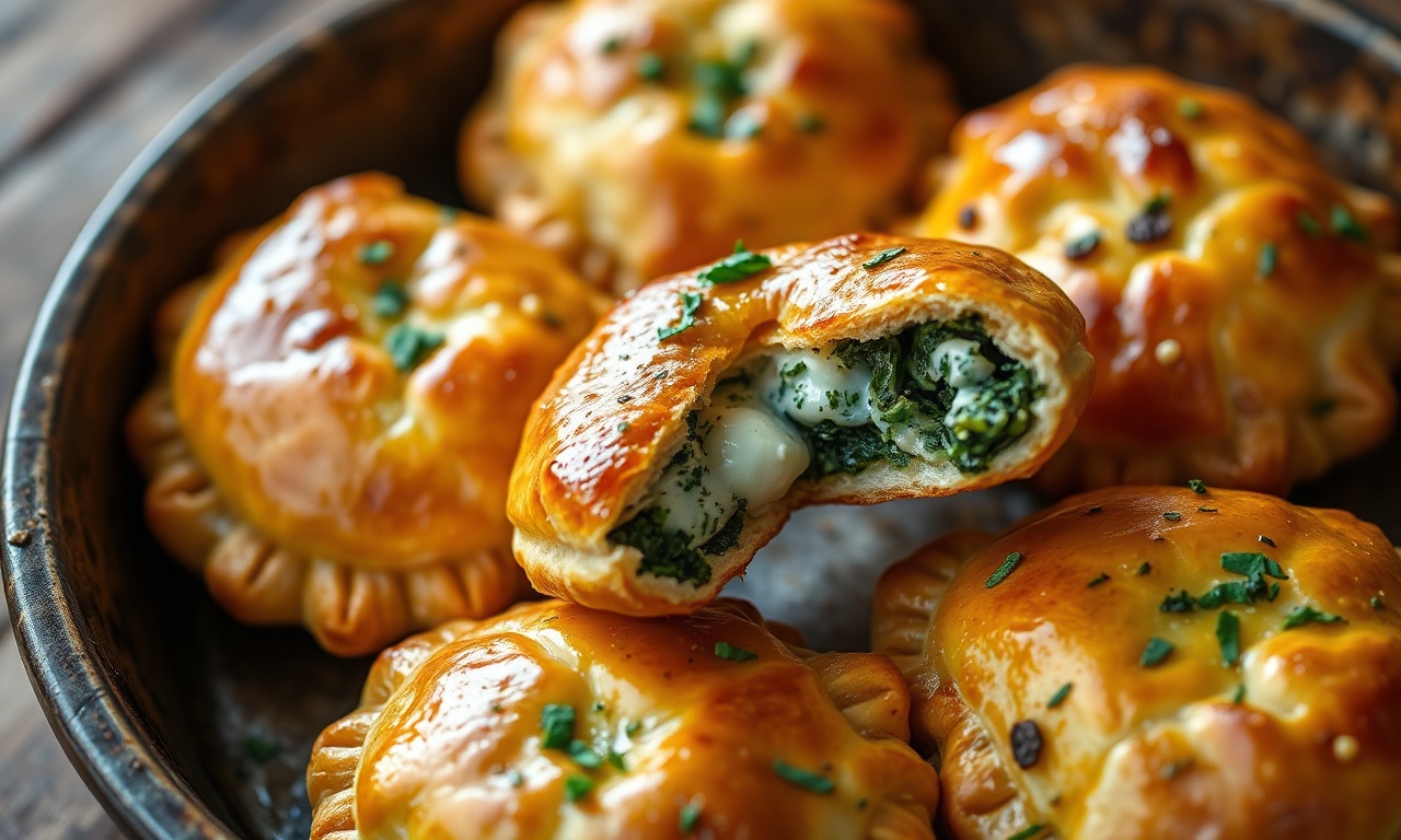 Pastéis assados dourados e crocantes, com recheio cremoso de ricota e espinafre, prontos para servir.
