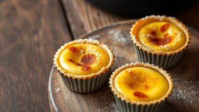 Pastéis de Belém dourados e crocantes, com o creme de ovo cremoso e suave no interior, polvilhados com canela, prontos para servir.