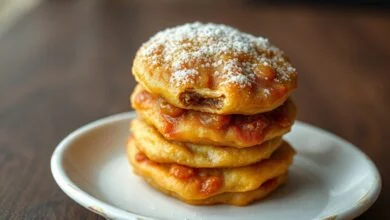 Pastéis dourados e crocantes, cobertos por uma fina camada de açúcar derretido, com o recheio de carne moída levemente visível.