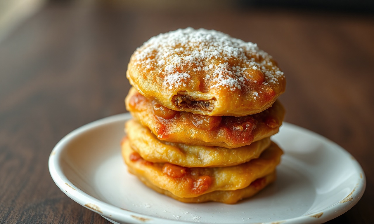 Pastéis dourados e crocantes, cobertos por uma fina camada de açúcar derretido, com o recheio de carne moída levemente visível.