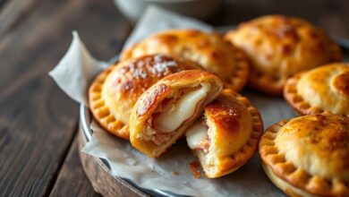 Pasteis de forno dourados e crocantes, com recheio de presunto e mussarela derretido, prontos para servir.