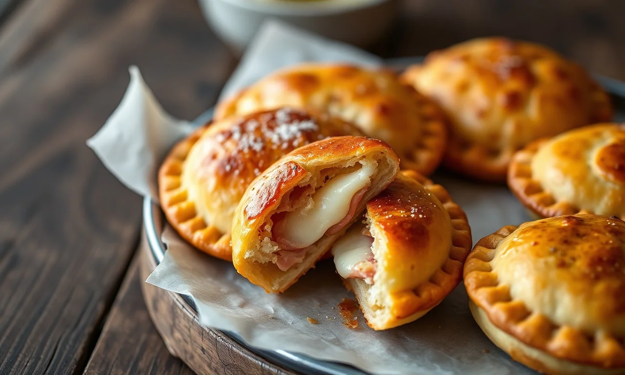 Pasteis de forno dourados e crocantes, com recheio de presunto e mussarela derretido, prontos para servir.