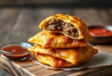 Pastéis dourados com recheio à vista, crocantes e apetitosos.