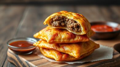 Pastéis dourados com recheio à vista, crocantes e apetitosos.
