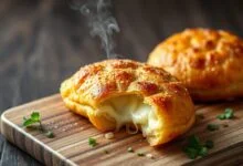 Pastéis dourados, crocantes e estalando, com fios de queijo derretido saindo ao serem abertos.