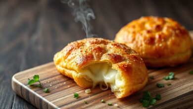 Pastéis dourados, crocantes e estalando, com fios de queijo derretido saindo ao serem abertos.