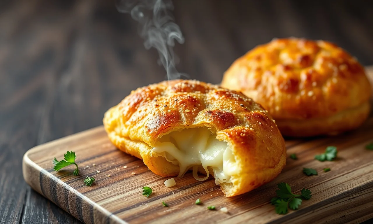 Pastéis dourados, crocantes e estalando, com fios de queijo derretido saindo ao serem abertos.