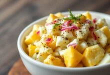 Tigela de pastinha de ovo com textura rústica, pedaços visíveis de clara e gema amarelo vibrante, finalizada com pimenta-do-reino.