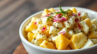 Tigela de pastinha de ovo com textura rústica, pedaços visíveis de clara e gema amarelo vibrante, finalizada com pimenta-do-reino.