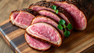 Fatias finas e macias de pastrami com cor rosada, crosta de especiarias escura e textura que desmancha.
