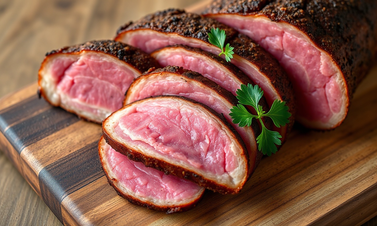 Fatias finas e macias de pastrami com cor rosada, crosta de especiarias escura e textura que desmancha.