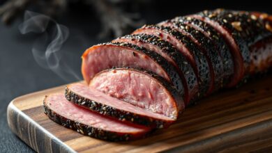 Fatias finas de pastrami caseiro com crosta de especiarias escura e interior rosado e macio, servidas sobre tábua de madeira rústica.