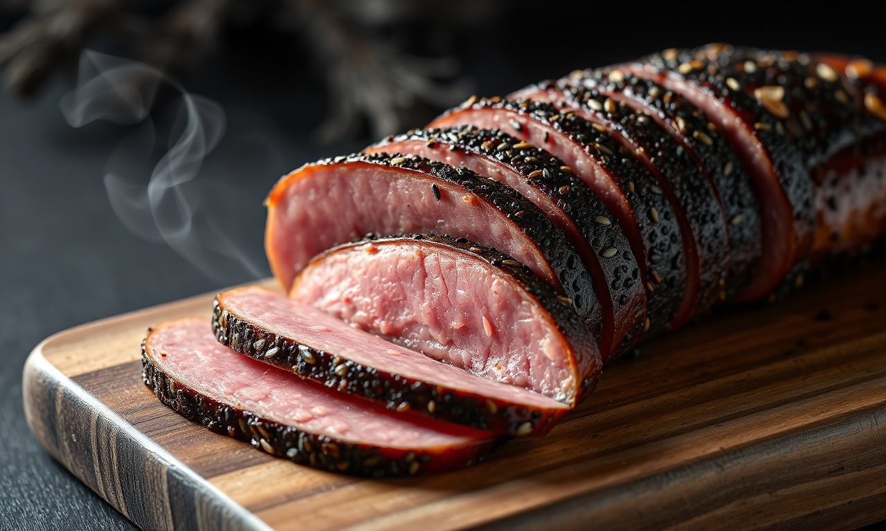 Pastrami Caseiro Macio E Defumado: Passo A Passo Completo 3 Fatias finas de pastrami caseiro com crosta de especiarias escura e interior rosado e macio, servidas sobre tábua de madeira rústica.