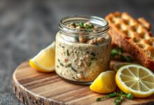 Um pote de vidro aberto com patê vegano cremoso de cor bege-amarelada, com pedaços de alcaparras e algas marinhas visíveis, rodeado por torradas crocantes e fatias de limão, pronto para servir.