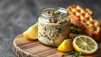 Um pote de vidro aberto com patê vegano cremoso de cor bege-amarelada, com pedaços de alcaparras e algas marinhas visíveis, rodeado por torradas crocantes e fatias de limão, pronto para servir.