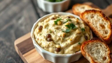 Tigela de patê de frango cremoso e homogêneo, com pedaços de milho verde, azeitonas fatiadas e toque de salsinha fresca, acompanhado de fatias de pão de forma torrado.