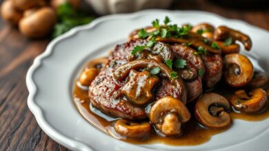 Fatias de patinho macias e seladas, cobertas por um molho madeira encorpado e brilhante com fatias de champignon, finalizadas com salsinha fresca picada, servidas em um prato de cerâmica.