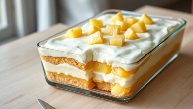 Sobremesa em camadas com creme liso e pedaços de abacaxi, perfeita para servir gelada.