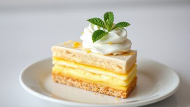 Fatia generosa de pavê de limão cremoso, com camadas uniformes de biscoito e creme, servida em um prato branco com uma folha de hortelã.