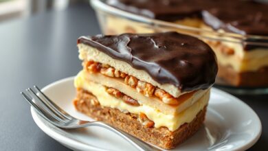 Pavê De Nozes Crocante Com Ganache: Pronto Em 30 Min 9 Fatia generosa de pavê sendo servida, revelando camadas perfeitas de creme branco, biscoito e nozes tostadas, coberta por uma camada sólida de ganache de chocolate que quebra levemente.