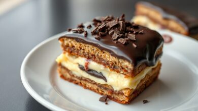 Fatia generosa de pavetone revelando camadas perfeitas de chocotone macio, creme de baunilha aveludado e ganache de chocolate brilhante por cima.