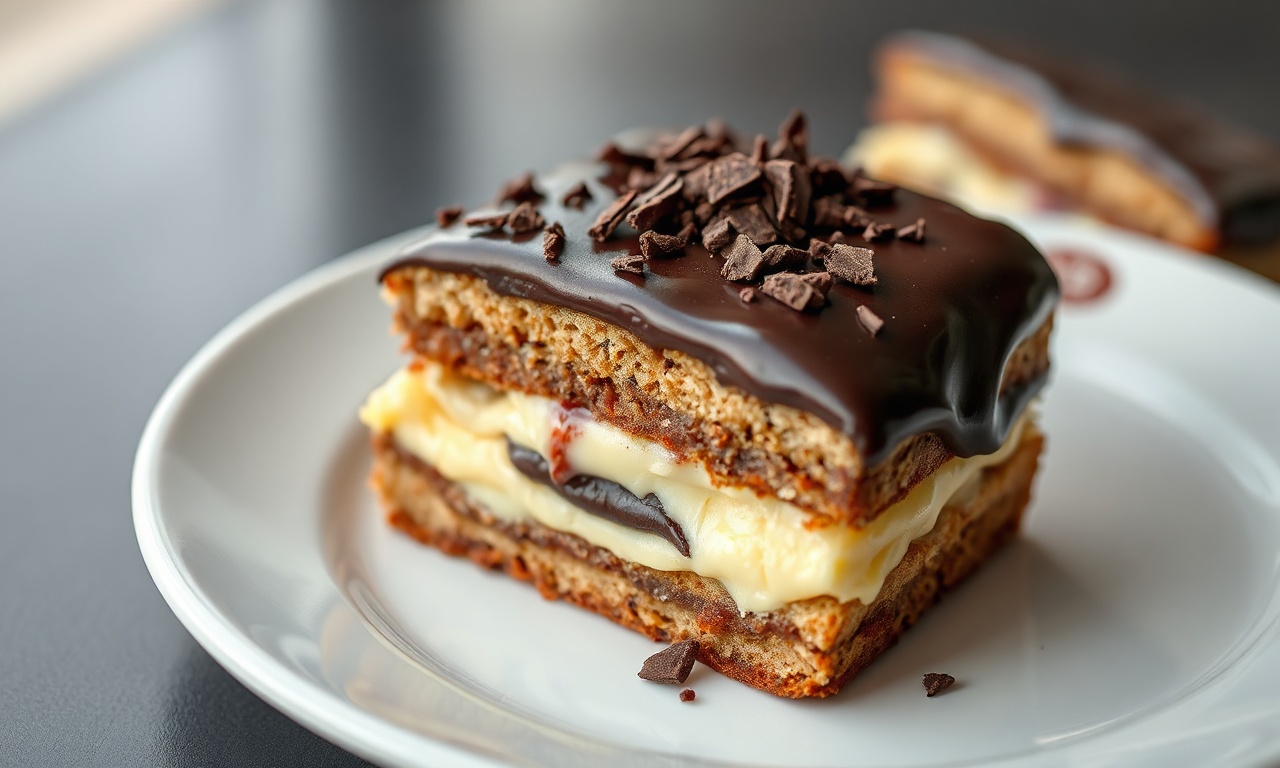 Fatia generosa de pavetone revelando camadas perfeitas de chocotone macio, creme de baunilha aveludado e ganache de chocolate brilhante por cima.