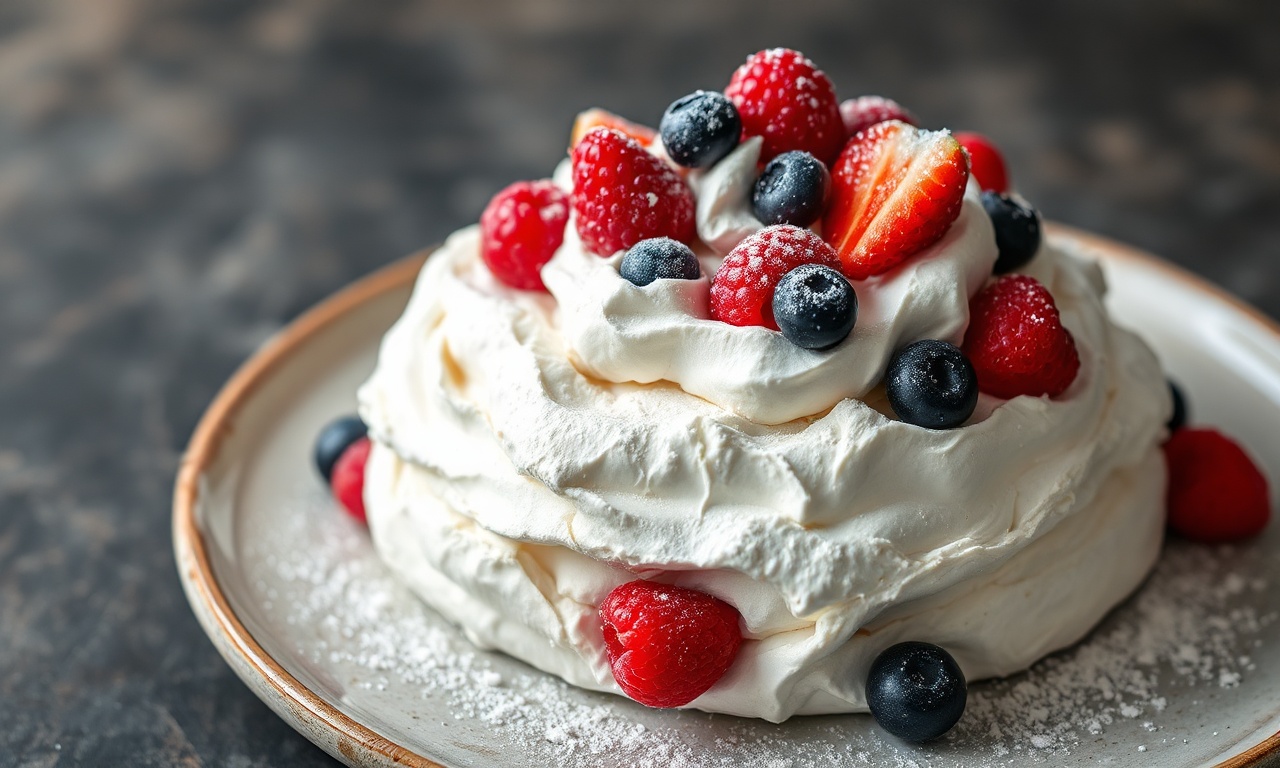 Pavlova Sem Açúcar: Crocante, Fofinha E Com Apenas 5 Ingredientes 3 A pavlova finalizada, com sua casca branca e rachaduras, coroada por chantilly e frutas vermelhas vibrantes.