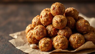 Bolinhas de pé de moleque com cor de rapadura, textura rústica e amendoins tostados à mostra.