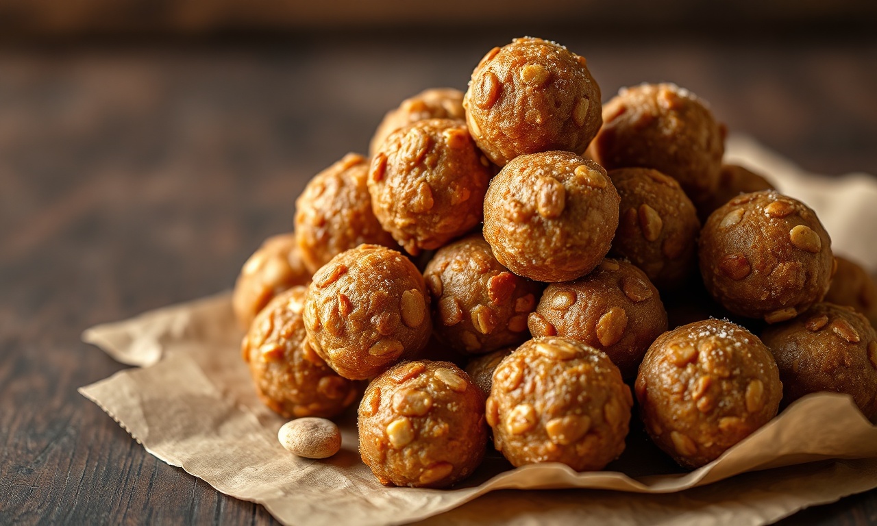 Bolinhas de pé de moleque com cor de rapadura, textura rústica e amendoins tostados à mostra.