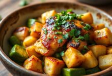 Cubos dourados de peito de frango com crosta caramelizada, quiabos crocantes e verdes, finalizado com coentro e cheiro-verde fresco.