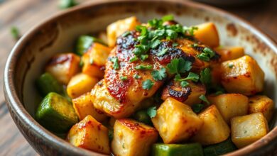 Cubos dourados de peito de frango com crosta caramelizada, quiabos crocantes e verdes, finalizado com coentro e cheiro-verde fresco.