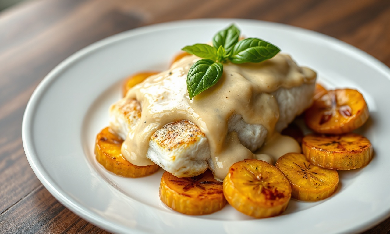 Filé de pescada branca coberto por molho cremoso, acompanhado de rodelas de banana-da-terra douradas.