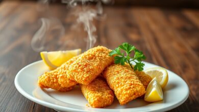 Filés de peixe empanados e fritos, dourados e crocantes, servidos com limão e salsa.