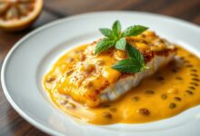 Filés de peixe dourados e macios, cobertos por um molho cremoso e agridoce de maracujá, servidos em um prato branco com um toque de hortelã fresca.