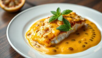Peixe Ao Molho De Maracujá Cremoso Em 30 Minutos 7 Filés de peixe dourados e macios, cobertos por um molho cremoso e agridoce de maracujá, servidos em um prato branco com um toque de hortelã fresca.