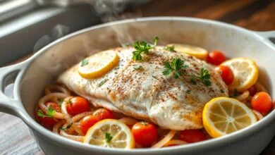 Filé de peixe branco suculento e opaco, coberto com fatias de tomate e limão caramelizado, sobre uma cama de cebola, finalizado com salsinha fresca picada, servido em uma assadeira de cerâmica branca.