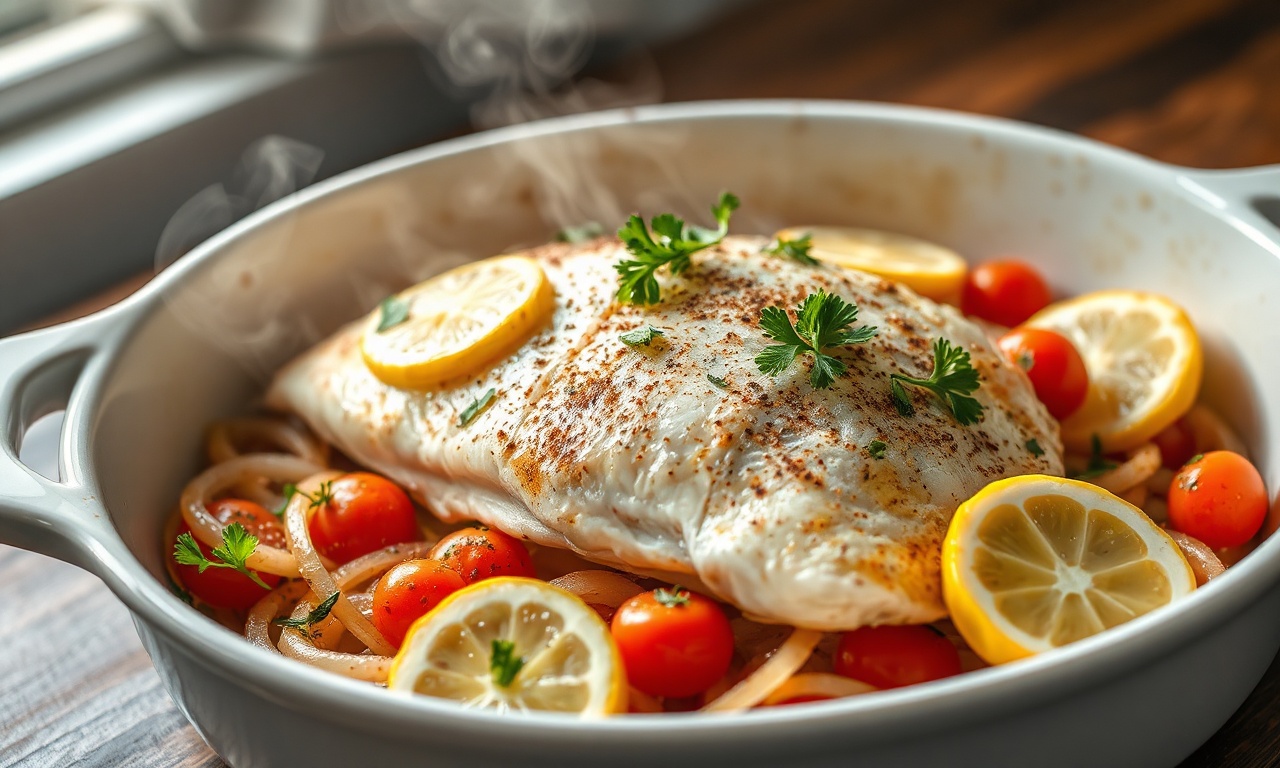 Peixe Para Semana Santa: Assado No Forno Fácil E Suculento 3 Filé de peixe branco suculento e opaco, coberto com fatias de tomate e limão caramelizado, sobre uma cama de cebola, finalizado com salsinha fresca picada, servido em uma assadeira de cerâmica branca.