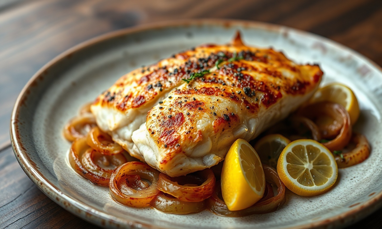 Filé de peixe barbado assado com pele dourada e estaladiça, sobre uma cama de cebola caramelizada, finalizado com gotas de limão fresco.