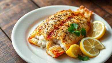 Filé de peixe dourado com uma casquinha crocante de lemon pepper, suculento por dentro, servido em um prato com fatias de limão.