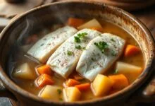 Um ensopado caseiro e reconfortante com filés de peixe branco macio sobre um leito de batatas e cenouras em um caldo dourado e aromático, finalizado com salsinha fresca.