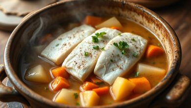 Um ensopado caseiro e reconfortante com filés de peixe branco macio sobre um leito de batatas e cenouras em um caldo dourado e aromático, finalizado com salsinha fresca.