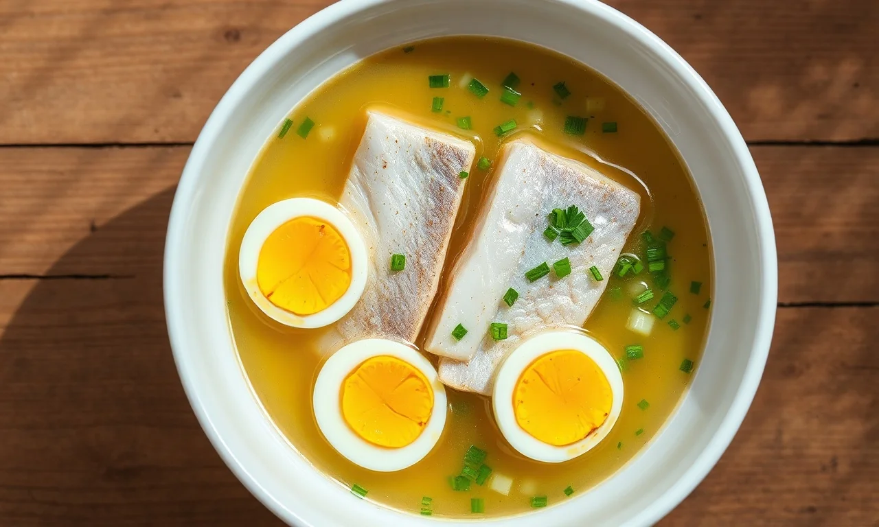 Peixe Cozido Com Ovo: Receita Fácil E Reconfortante 3 Prato reconfortante de postas de peixe firme em caldo dourado com ovos cozidos e cheiro-verde.