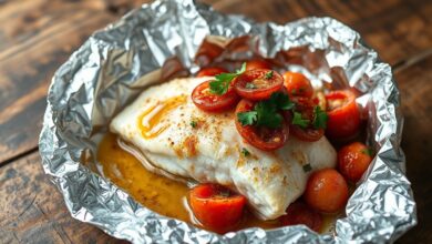 Posta de peixe branco macia e suculenta, cozida no vapor com tomate e cebola, servida diretamente na folha de alumínio aberta.