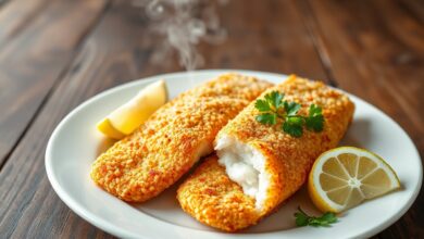 Filés de peixe dourados e estalantes, com casca de tapioca granulada, prontos para servir.